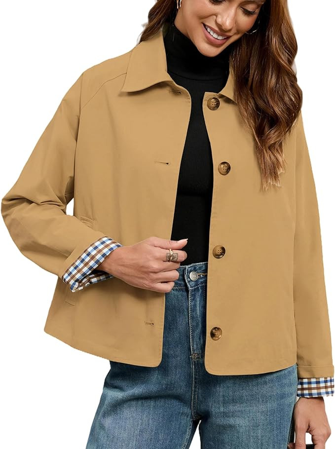 LifeShe Womens Cropped Trench Coat Single Breasted Classic Lapel Overcoat Plaid Lined Oversized O... | Amazon (US)