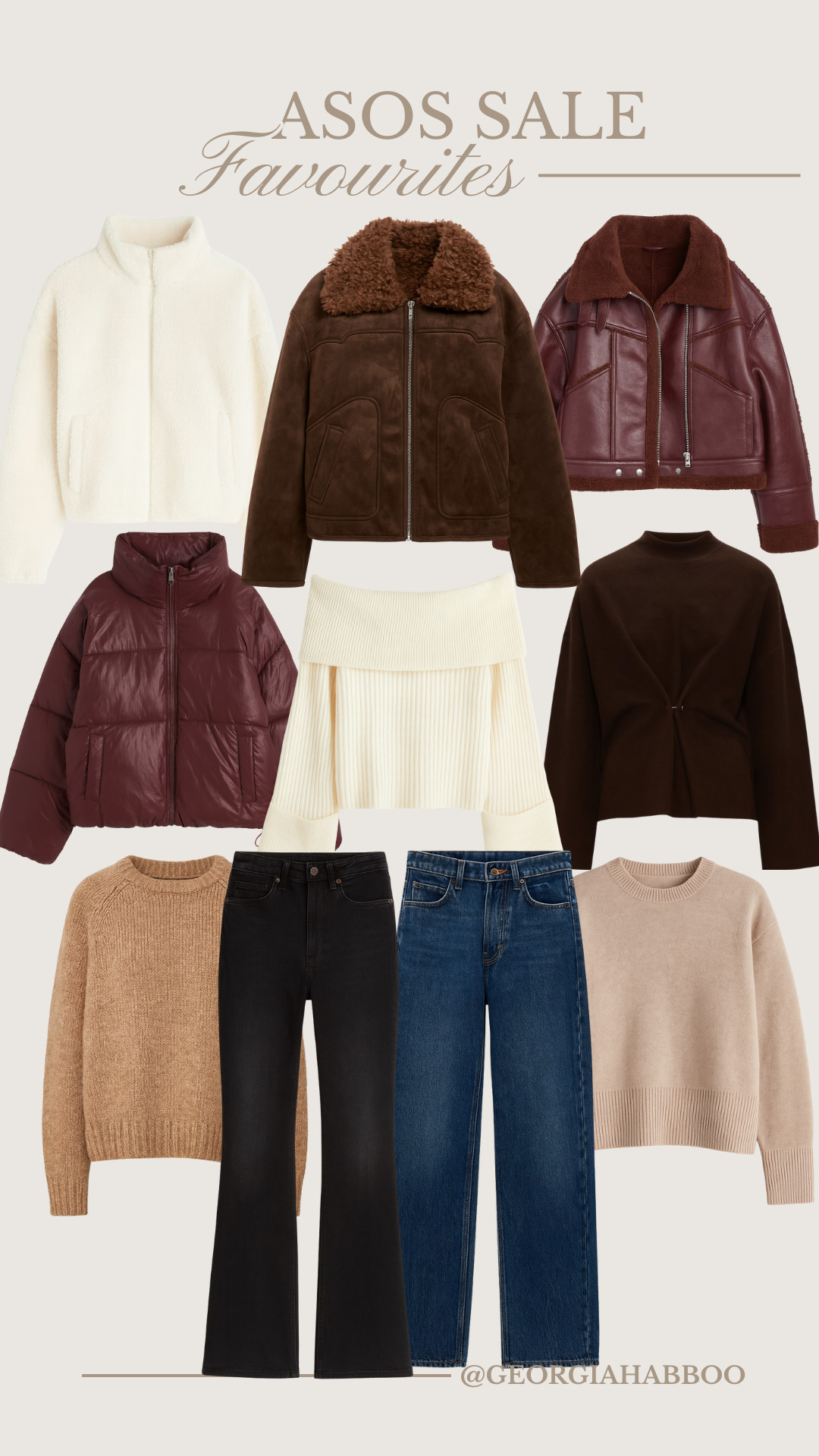 ASOS Sale, Chunky Knit Jumper, High-Rise Blue Jeans, Burgundy Puffer Jacket, Cream Fleece Zip Jacket, Shearling Oversized Coat, Wide Leg Denim, Cozy Knitwear, Autumn Fashion, Winter Wardrobe, Minimalist Outerwear, Streetwear Style 

 #LTKuk #LTKautumn #LTKsale