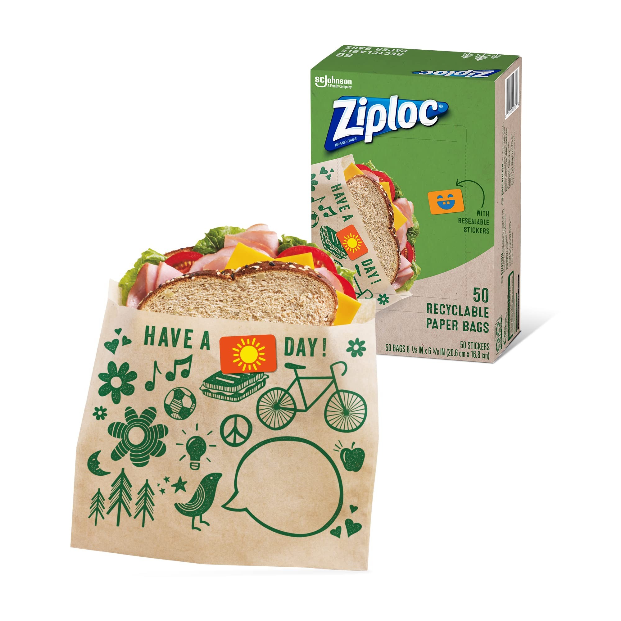 Ziploc Paper Sandwich and Snack Bags, Recyclable & Sealable with Fun Designs, 50 Bags Total | Amazon (US)
