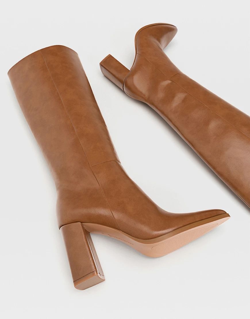 Stradivarius knee high heeled boots in brown | ASOS (Global)