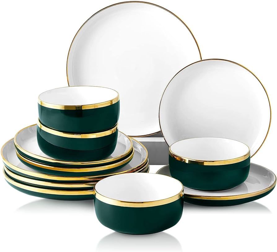 Pokini Reactive Glaze Dinnerware Sets, 12 Piece Luxury Bone China Dishware Sets, Gilt Rim Plates ... | Amazon (US)