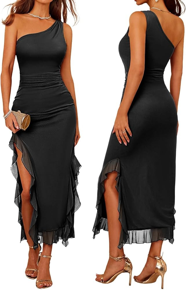 DRESSTELLS Women Formal Wedding Guest Long Cocktail Party One Shoulder Mesh Ruched Bodycon Maxi R... | Amazon (US)
