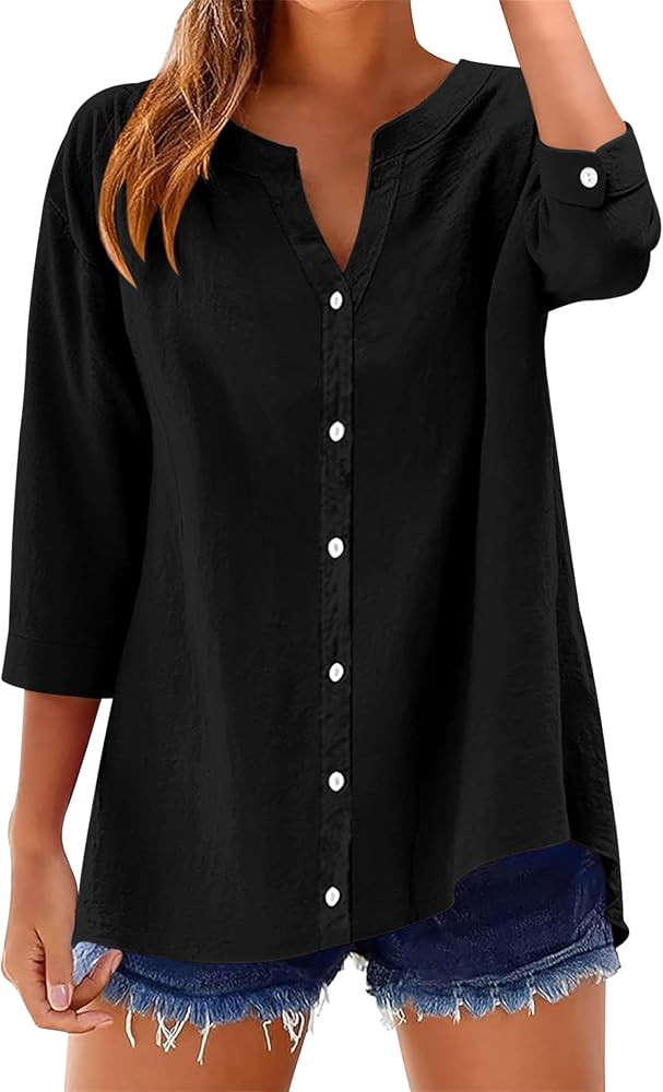 LOMON Womens 3/4 Sleeve Button Down Shirts Cotton Linen Roll Up Short Sleeve Tops V Neck Casual L... | Amazon (US)
