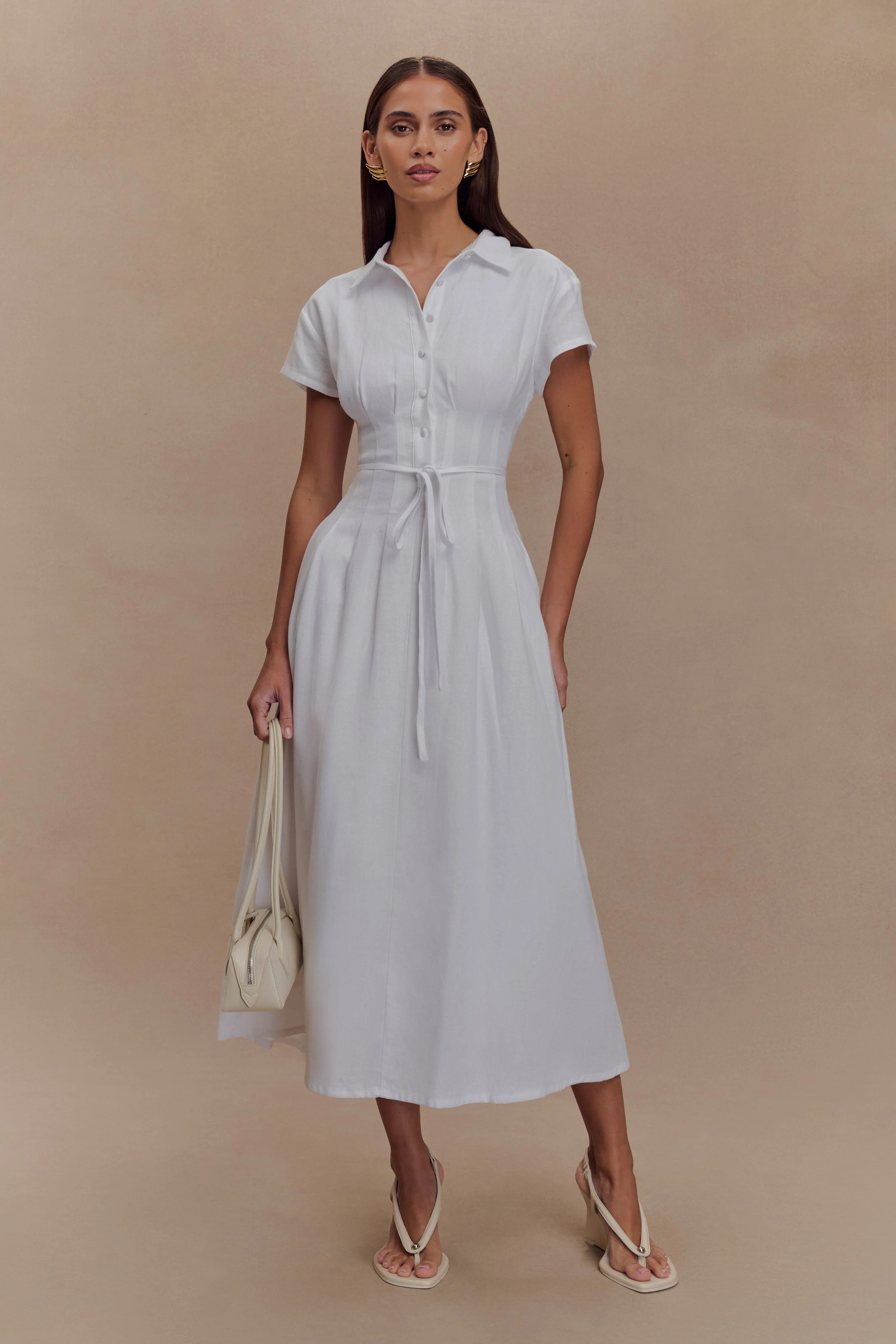 Buttoned Linen Midi Dress - White | MESHKI US