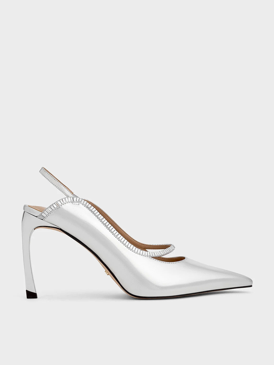 Silver Leather & Satin Crystal-Embellished Pointed-Toe Slingback Pumps | CHARLES & KEITH | Charles & Keith US