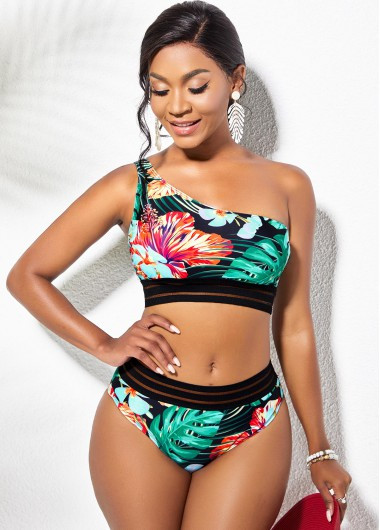 One Shoulder Floral Print High Waisted Bikini Set | modlily.com - USD 13.98 | modlily.com