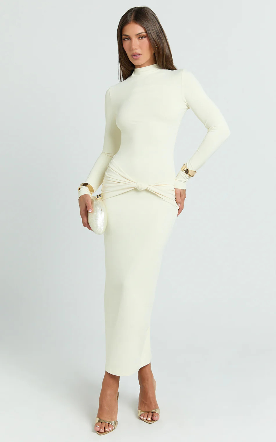 Amelita Midi Dress - Long Sleeve Knot Detail Dress in Cream | Showpo (US, UK & Europe)