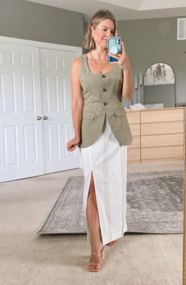 Target olive vest and linen skirt
Fall transition 
#softautumn

#LTKFindsUnder50 #LTKPetite #LTKOver40