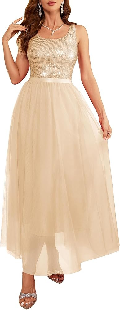 BeryLove Sequin Dress for Woman Vintage A Line Wedding Formal Swing Mesh Dress Sleeveless Cocktai... | Amazon (US)