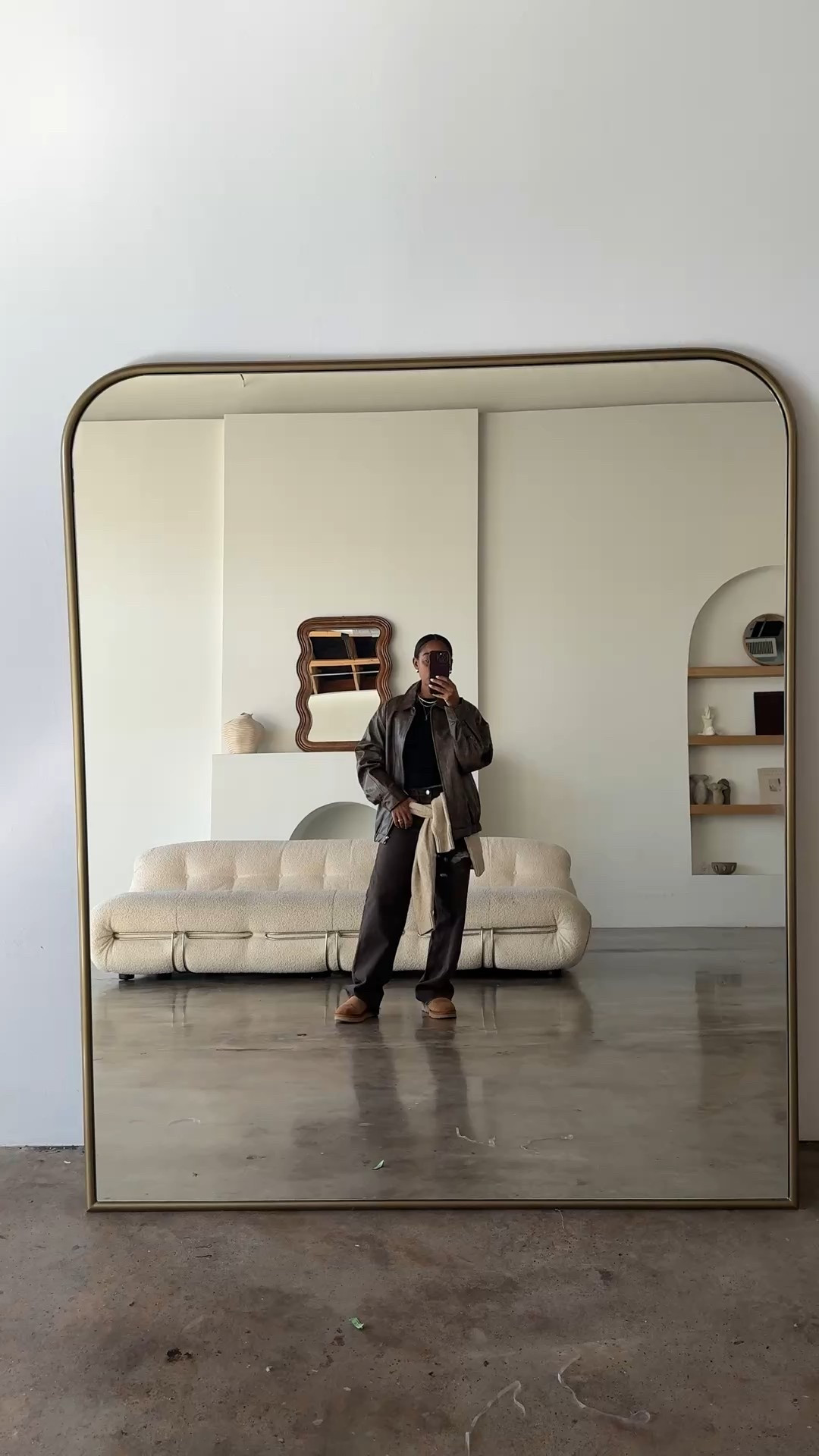  Asian outfit, brown denim, black knit top, brown faux leather jacket, Ugg minis 

#LTKPetite #LTKootd