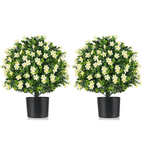 Goplus 21.5'' Artificial Boxwood Topiary Ball Tree, Set of 2 Faux Potted Plants Artificial Shrubs Bushes with White Flowers, Fake Evergreen Artificial Topiary for Indoor Outdoor Home Front Porch Decor | Amazon (US)