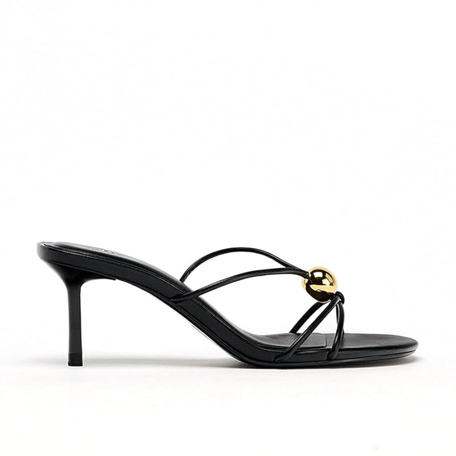 Black Strappy Heels for Women Round Toe Kitten Heel Sandals Dressy Beach Slides with Metal Decora... | Amazon (US)