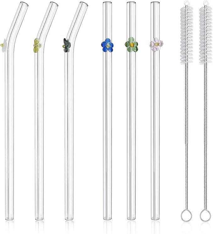 6-Pack Reusable Glass Straws with Flowers,Glass Straws Shatter Resistant,8''x8 MM,6 Bent with 2 C... | Amazon (US)
