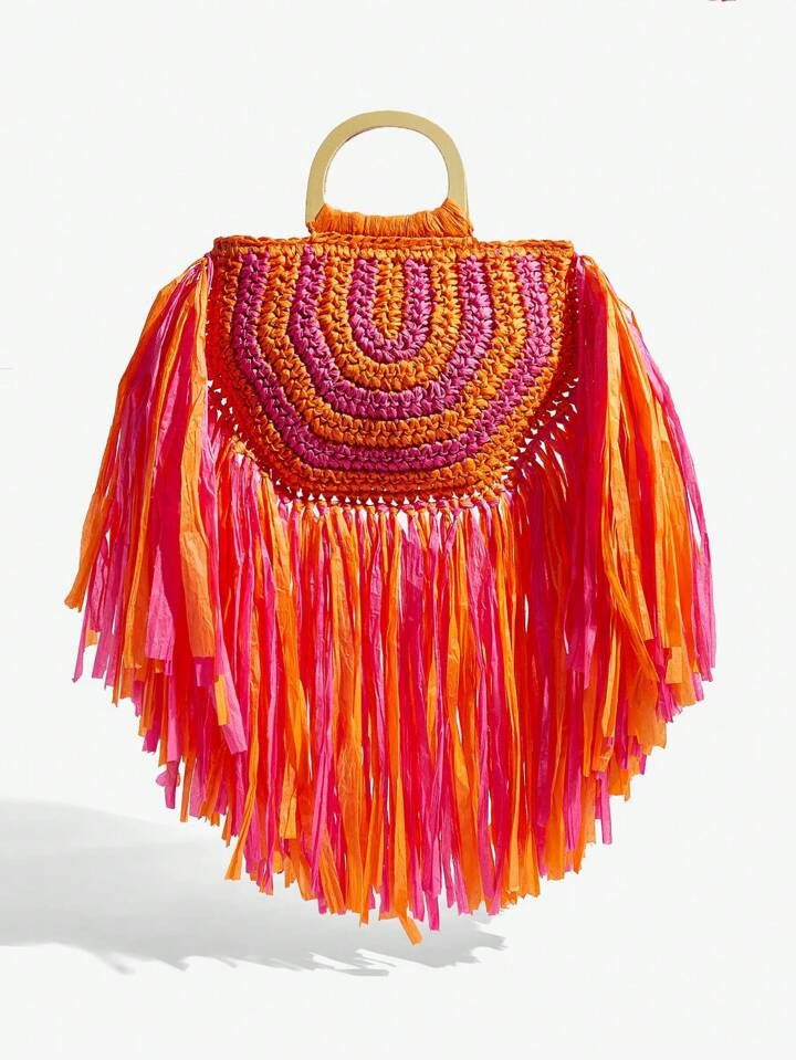 SHEIN SXY Women's Fashionable Multicolor Straw Woven Tassel Top Handle Handbag, Perfect For Summe... | SHEIN