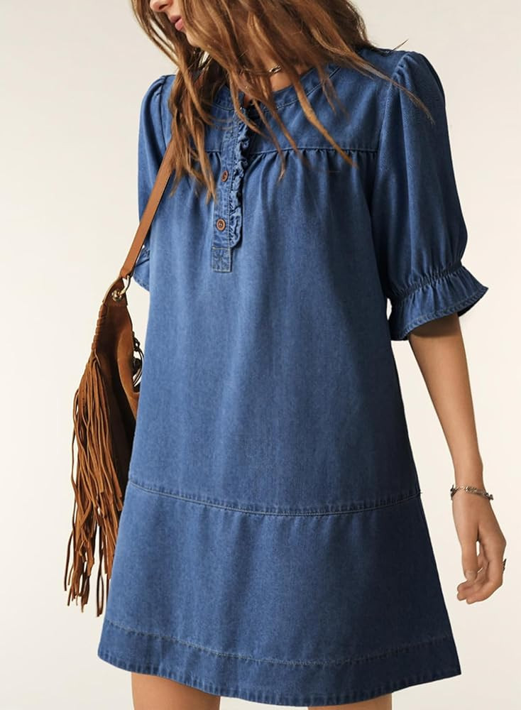 Dokotoo Women's Denim Dress 2026 Babydoll Dress Casual Ruffle Short Sleeve Button Jean Dresses | Amazon (US)