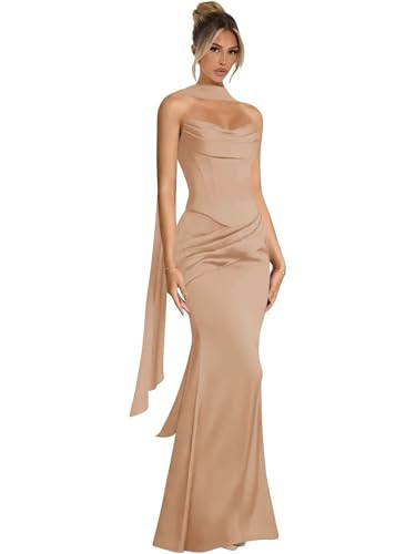Seabinayed Strapless Bridesmaid Dresses with Scarf Satin Mermaid Prom Gown Corset Formal Black Tie Wedding Guest Dress for Women Maxi Rose Gold US4 | Amazon (US)