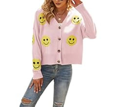 COWOKA Women's Casual Smiley Face Knitted Sweater Cardigan Button Down Long Sleeve Loose Jacket C... | Amazon (US)