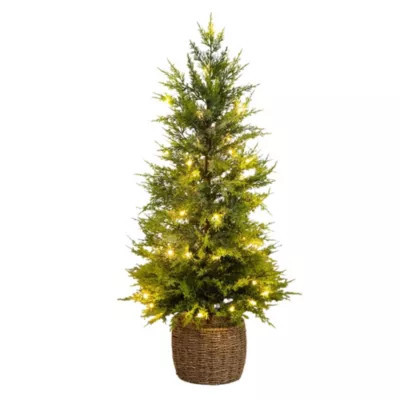 Nearly Natural 3-Foot Pre-Lit Artificial Lightly Snowed Cypress Christmas Tree with 38 Warm White LED Lights in Decorative Weaved Basket | Belk