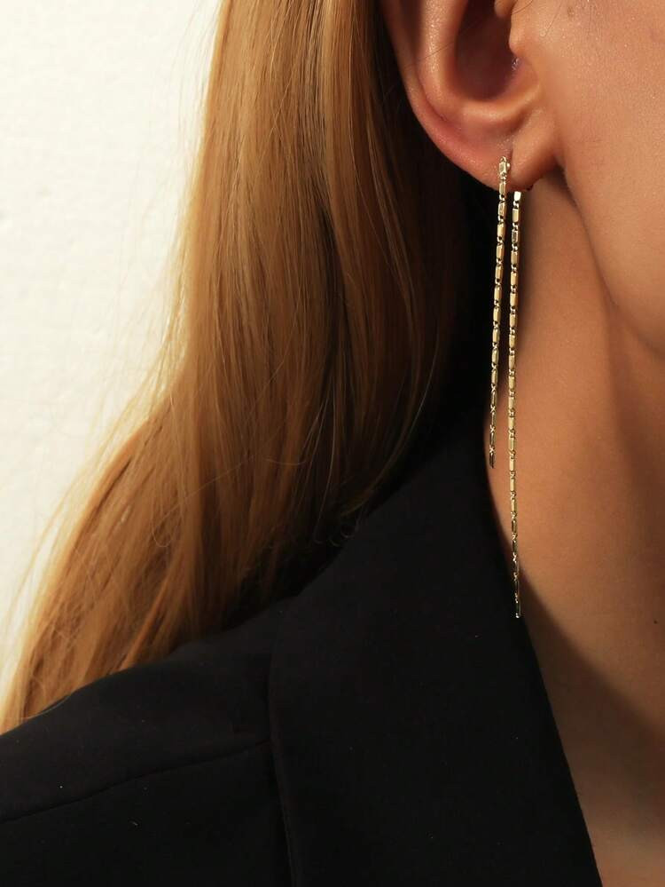 2pcs Chain Decor Pendant Earrings, Minimalist Long Tassel Pendant Chain Gold Women's Earrings, Su... | SHEIN