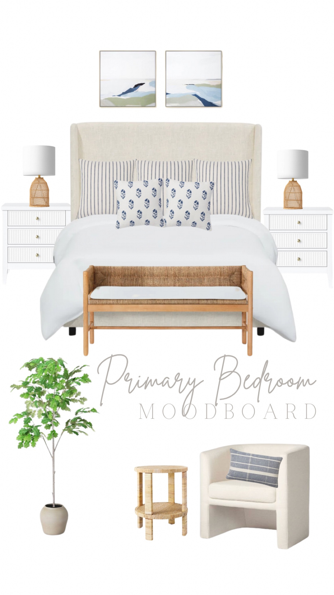 Primary bedroom styling ideas for our new project!

~~~~~~~~~~~~
Bedroom design, home decor, coastal farmhouse, upholstered bed, faux tree, rattan lamp, serena and lily, white nightstand, studio mcgee chair, round end table, wall art, woven bench

#LTKunder100 #LTKhome #LTKstyletip