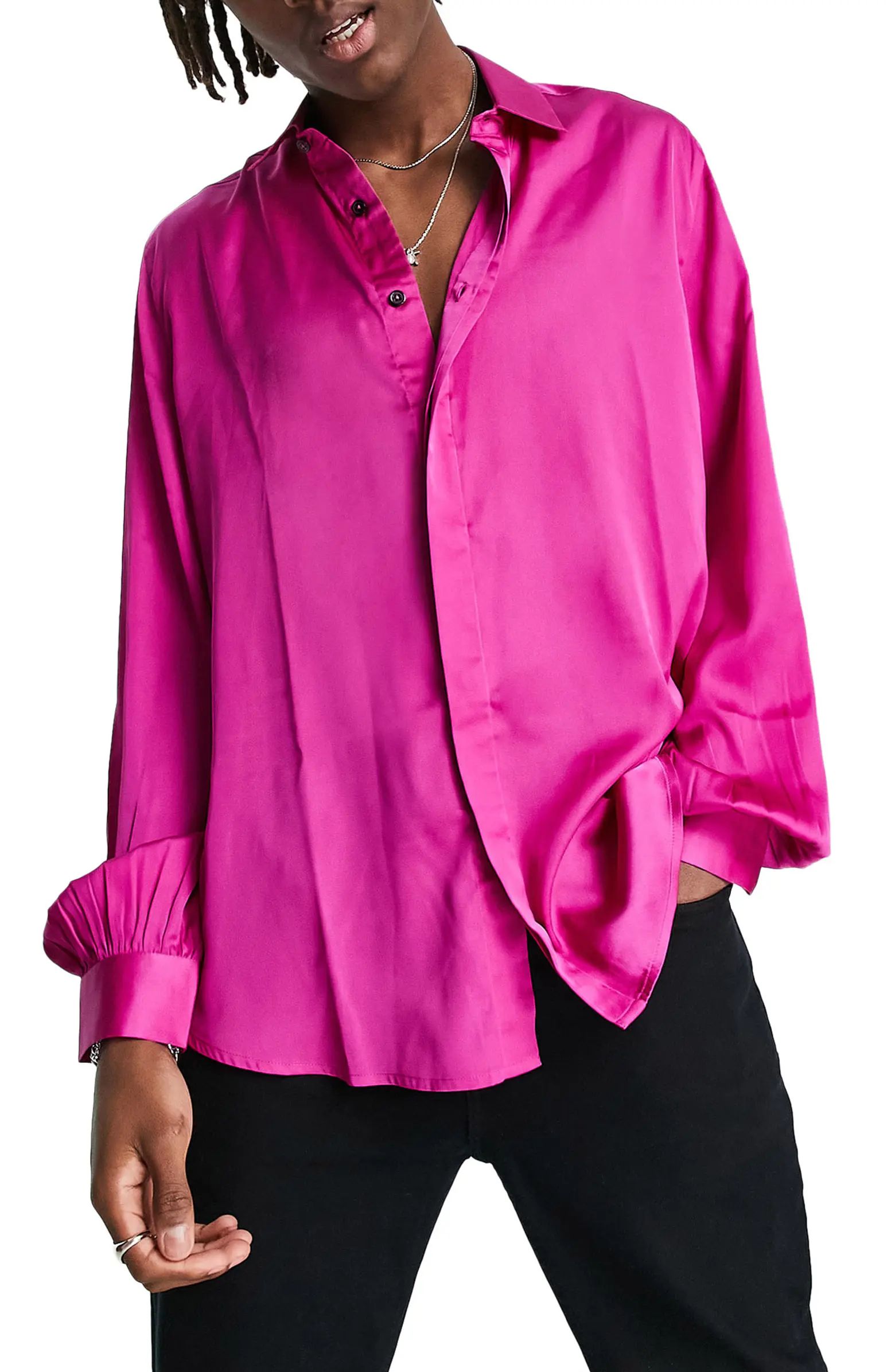 ASOS DESIGN Blouson Sleeve Satin Button-Up Shirt | Nordstrom | Nordstrom