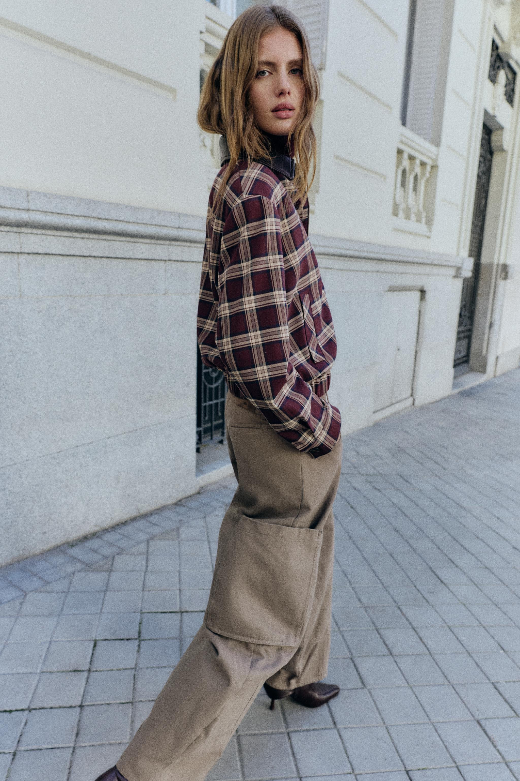 FAUX LEATHER LAPEL CHECK BOMBER JACKET | Zara US