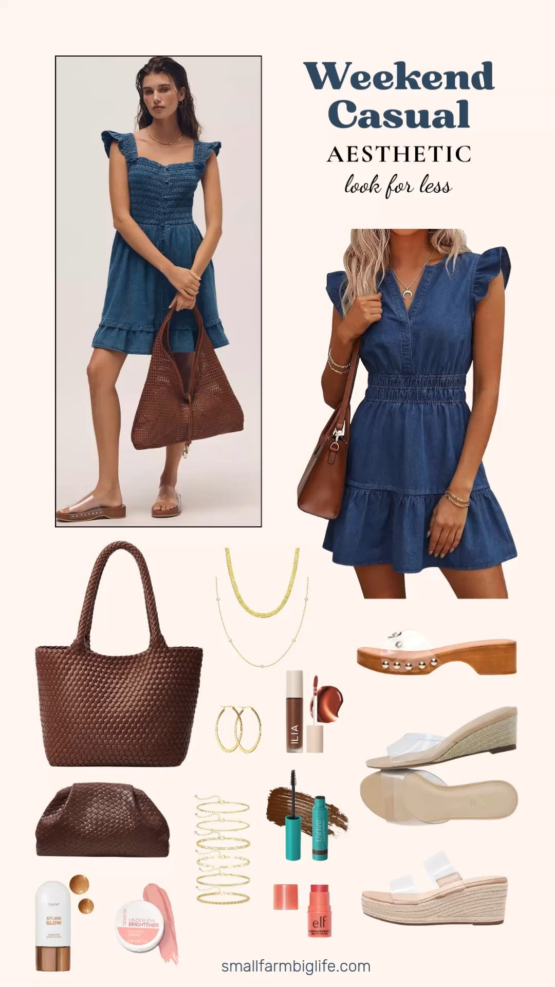 A casual weekend look does not have to cost a fortune and this outfit proves it. The ruffle sleeve denim dress is such a fun summer piece and it pairs perfectly with clear platform sandals or wedges depending on how dressed up you want to go. I finished the look with a woven tote or a dumpling clutch, gold jewelry, and a few beauty favorites that pull everything together. This whole aesthetic is so easy to recreate without spending a lot. Tap to shop! 

 #LTKootd #LTKOver40 #LTKBeauty