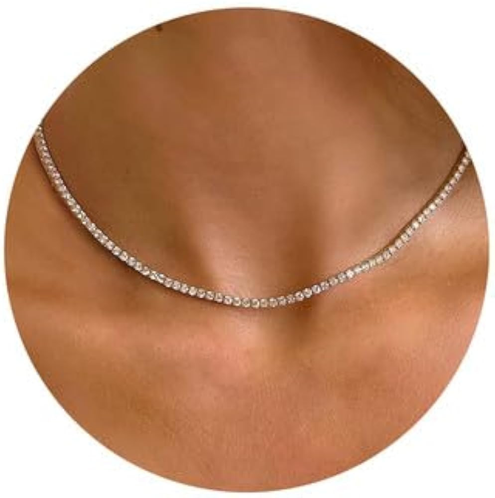 Tewiky Tennis Necklace 14K Gold Plated/Silver Sparking Rhinestone Choker Necklaces Dainty Crystal... | Amazon (US)