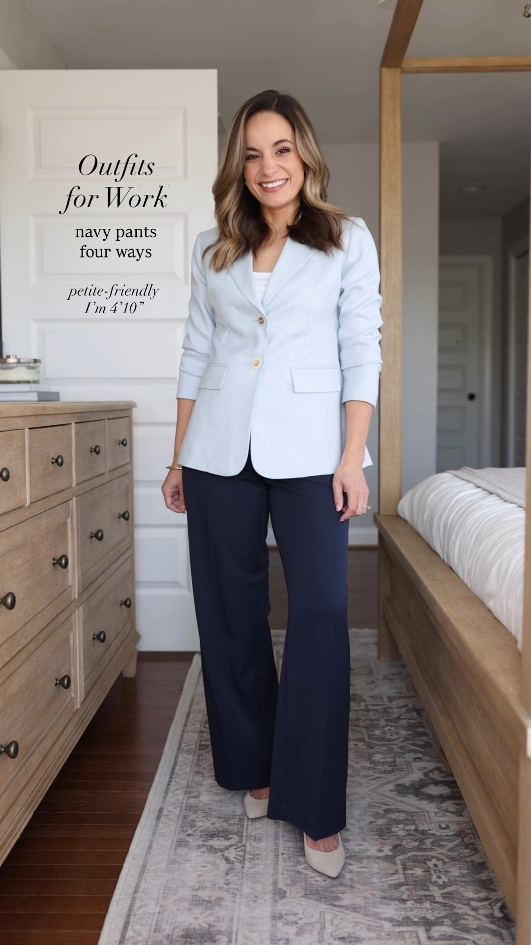 Four outfit ideas for work with navy pants! 

Pants (Ann Taylor): petite 00 | true to size, I wear the curvy fit | 28.5” inseam 

Outfit 1 
Blazer (WHBM): petite 00 
Tank top (Ann Taylor):  xxs
Shoes (Sam Edelman): exact color is sold out 

Outfit 2 
Blazer (Ann Taylor): petite 00 
Navy tank top (Kohl’s): xs 
Belt (J.Crew) 
Shoes (Sam Edelman): true to size 

Outfit 3 
Cardigan (Kohl’s): xs 

Outfit 4 
Blazer (Ann Taylor); petite 00 
Tank top (WHBM): xxs in pumice 

My measurements for reference: I’m 4’10” and 105lbs. My bust, waist, and hip measurement is 32”, 24”, and 36”.

#LTKWorkwear #LTKPetite