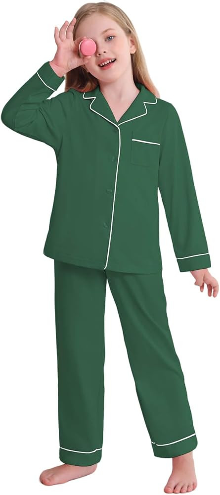 Veseacky Unisex Girls Boys Pajamas Long Sleeve Sleepwear Button-Down 2 Pcs Pjs Set for 5-14 Years | Amazon (US)
