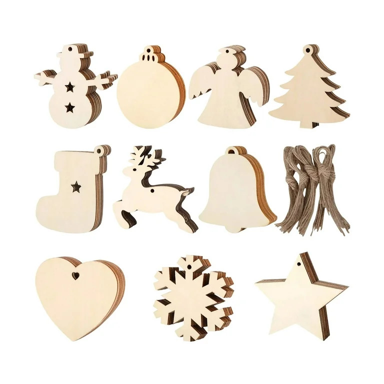 10-Piece Wooden Christmas Ornaments Set, Laser-Cut Natural Wood Tree Decorations with Hanging Cor... | Walmart (US)