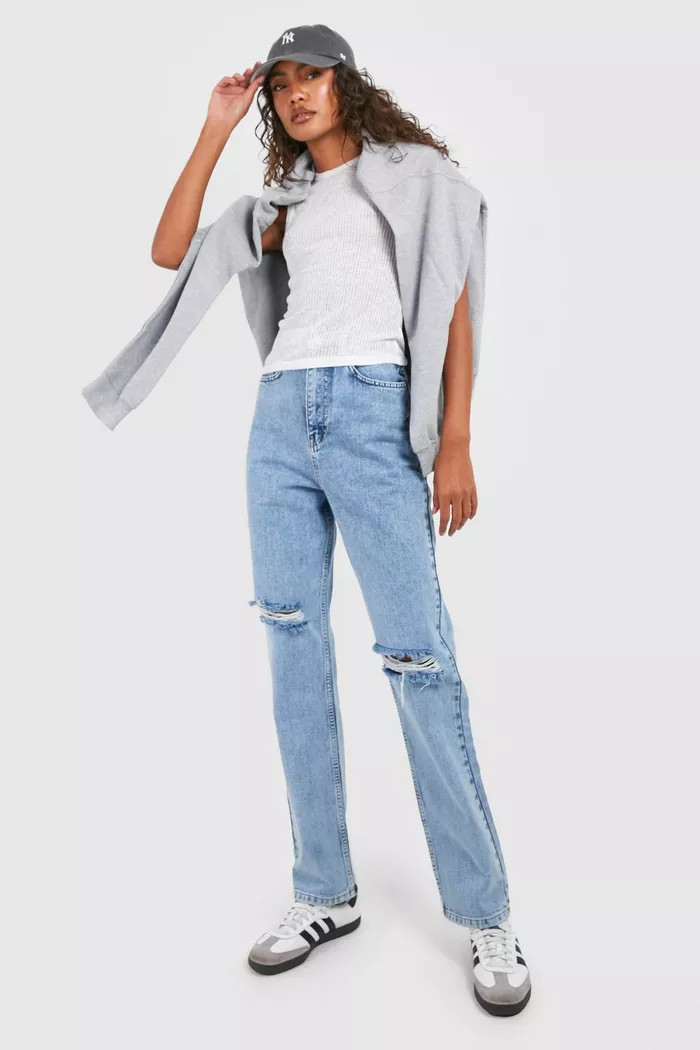 Tall Acid Wash High Waist Ripped Knee Slim Jeans | boohoo (US & Canada)