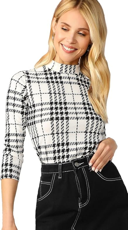 Women's Casual Mock Neck Plaid Slim Fit Workwear Blouse Top | Amazon (US)