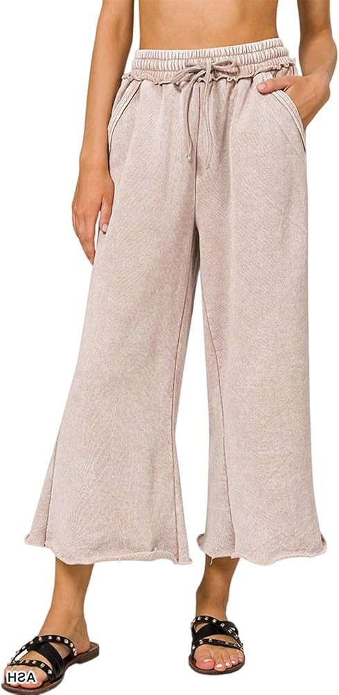 Ainangua Womens Casual Wide Leg Pants High Waist Drawstring Crop Acid Wash Sweatpants Lounge Pala... | Amazon (US)
