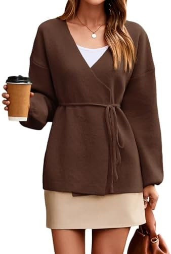 Saodimallsu Womens Wrap V Neck Cardigan Sweaters Tie Front Long Sleeve Soft Knit Dressy Work Fall... | Amazon (US)