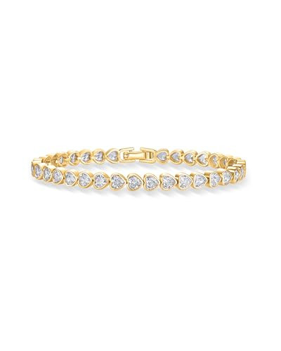 PAVOI 14K Yellow Gold Plated Simulated Diamonds Bezel Set Tennis Bracelets for Women - Cubic Zirconia Stones Valentines Love Heart Statement Bride Gold Bracelet Stack - Size 7" | Amazon (US)