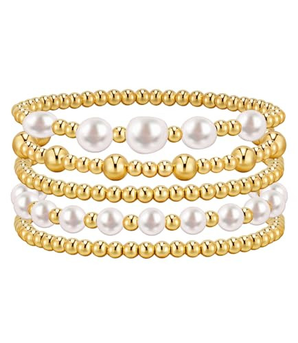adoyi Gold Bracelets for Women, 14K Gold Plated Beaded Bracelets Stack Trendy Stackable Bracelet Set Strand Stretch Pearl Ball Bracelet Bracelet Set Jewelry for Gifts Set for Women Gift 6.8 inches | Amazon (US)
