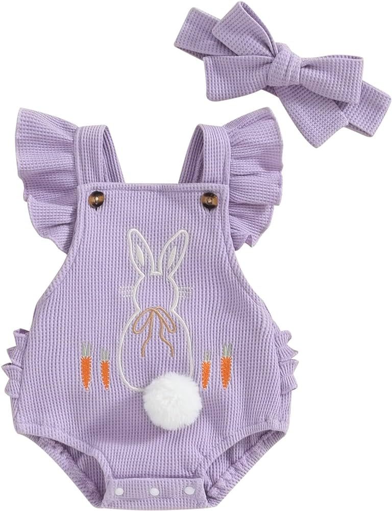 Madjtlqy Easter Toddler Baby Girl Romper Bunny Carrot Embroidery Ruffles Sleeve Backless Outfits ... | Amazon (US)