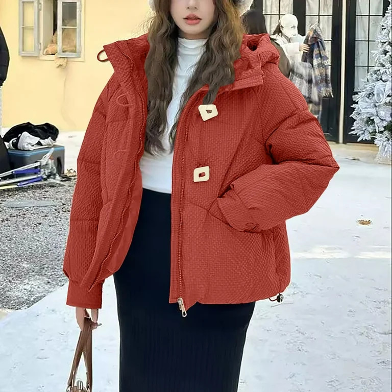 QUNYINEY Women's Fall Puffer Jackets Windbreaker Orange Full Zip Hooded Outerwear with Pockets Lo... | Walmart (US)