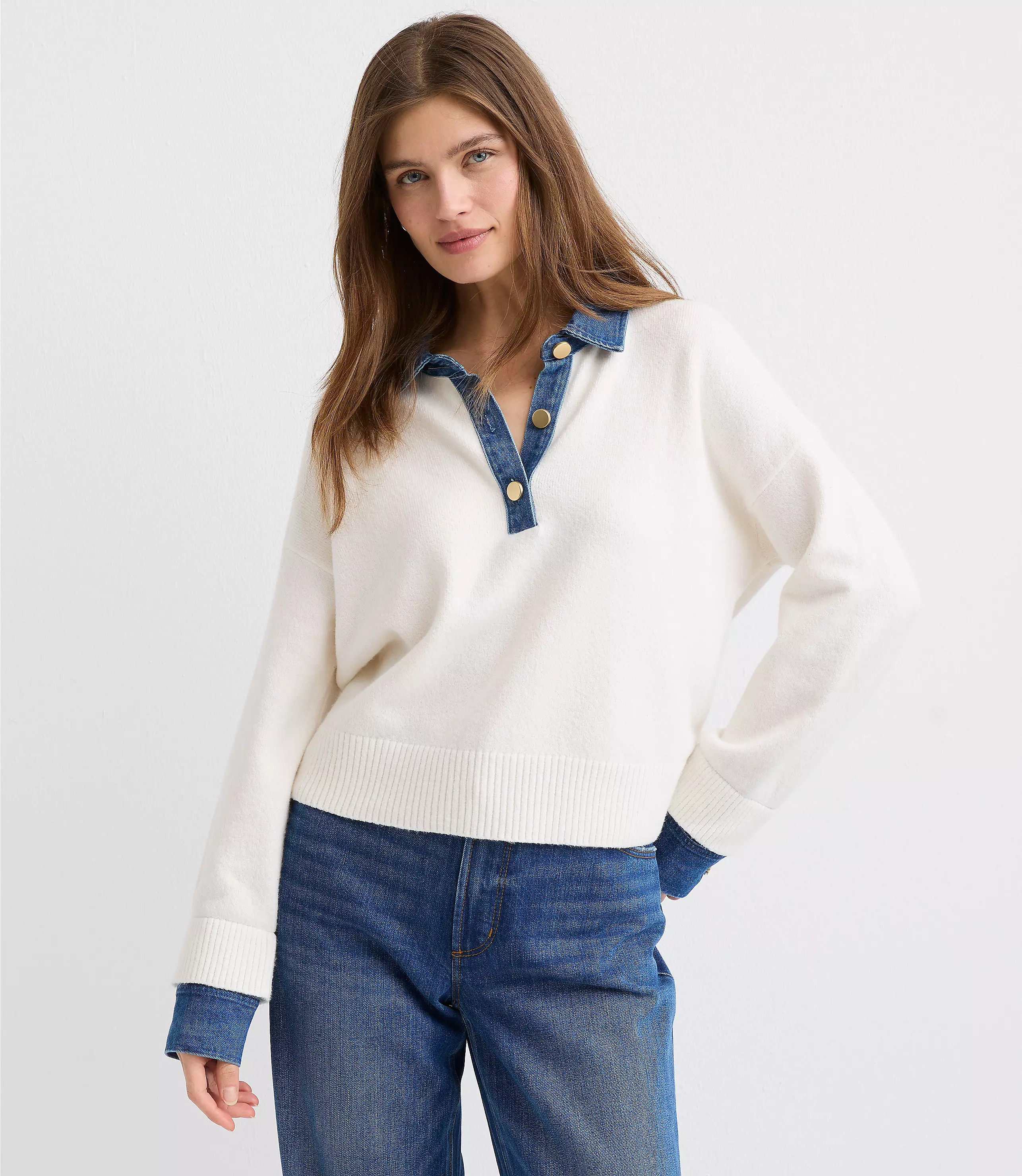 Denim Trim Henley Sweater | LOFT