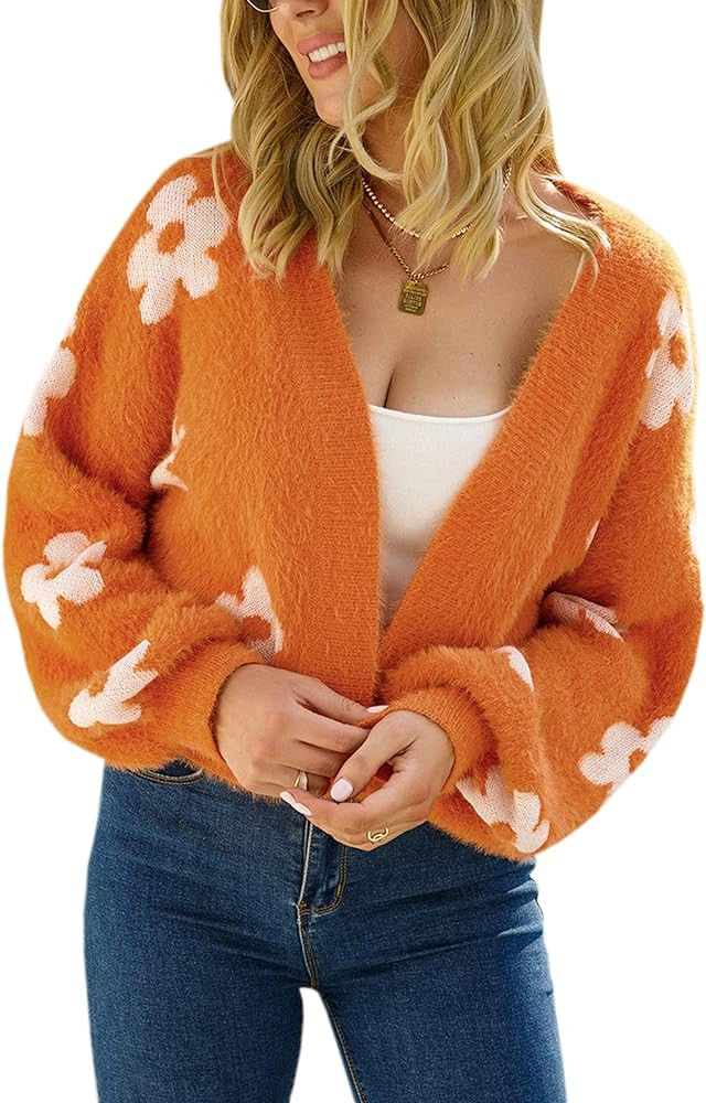 ECOWISH Women Floral Cropped Cardigan: Fall Long Sleeve Button Down Fuzzy Heart Print Knit Sweate... | Amazon (US)
