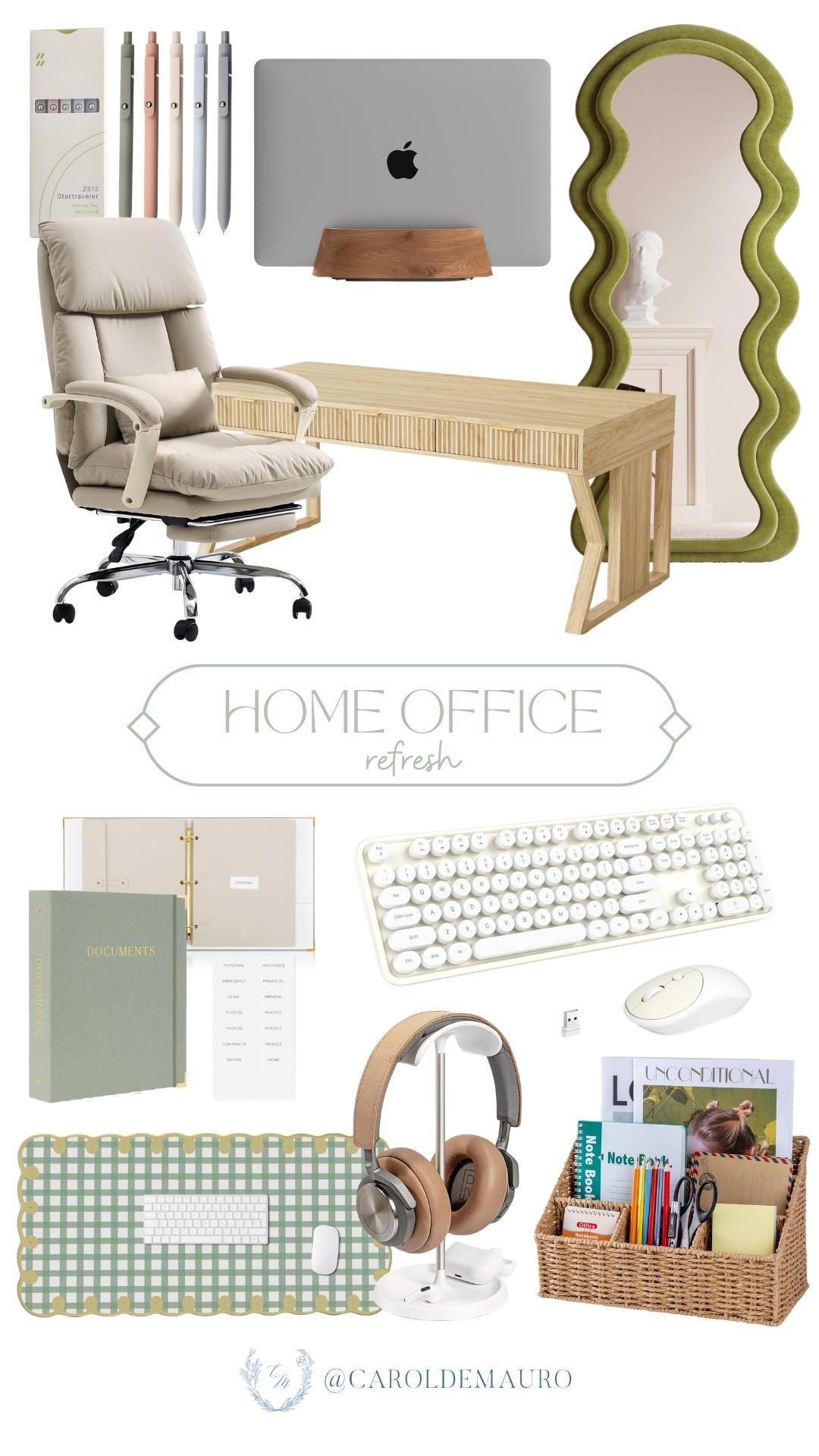 Upgrade your WFH essentials by styling a fluted wood desk and ergonomic cream chair alongside a bold green wavy floor mirror. These practical touches, including a retro mechanical keyboard, sage green binder, and gingham desk mat, are the perfect way to finish your office refresh.

affordable finds, workspace essentials, home library, remote life, WFH setup, decor tips, neutral home, digital nomad

#LTKSeasonal #LTKU #LTKHome