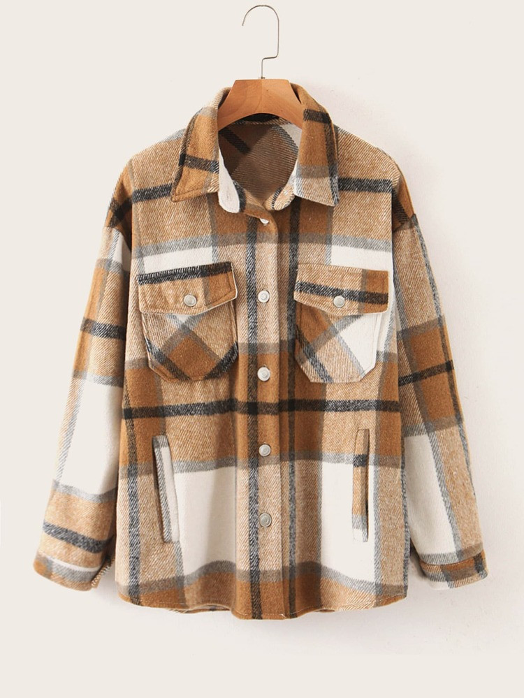 Flap Pocket Plaid Tweed Coat | SHEIN