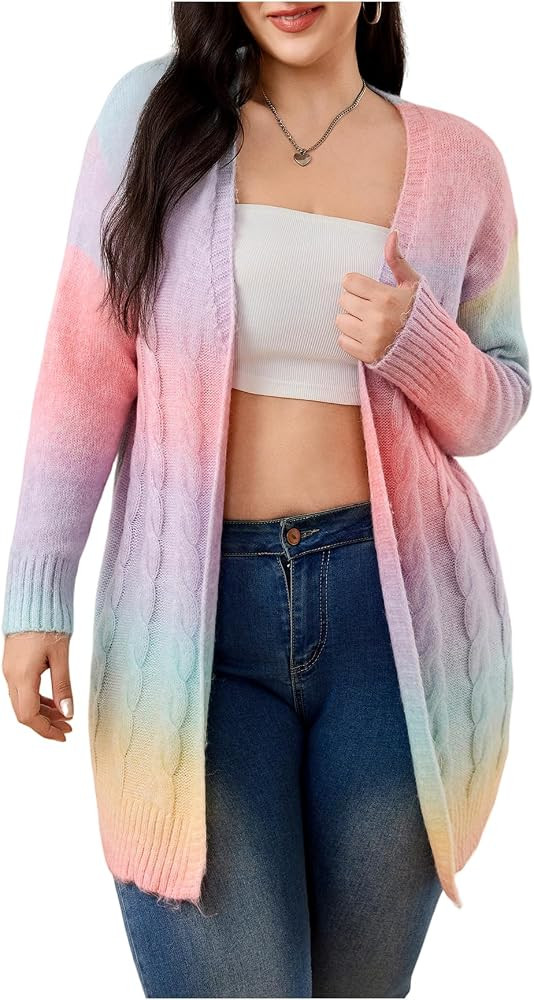 MakeMeChic Women's Plus Size Rainbow Colorful Cardigans Open Front Long Sleeve Knit Cardigan Swea... | Amazon (US)