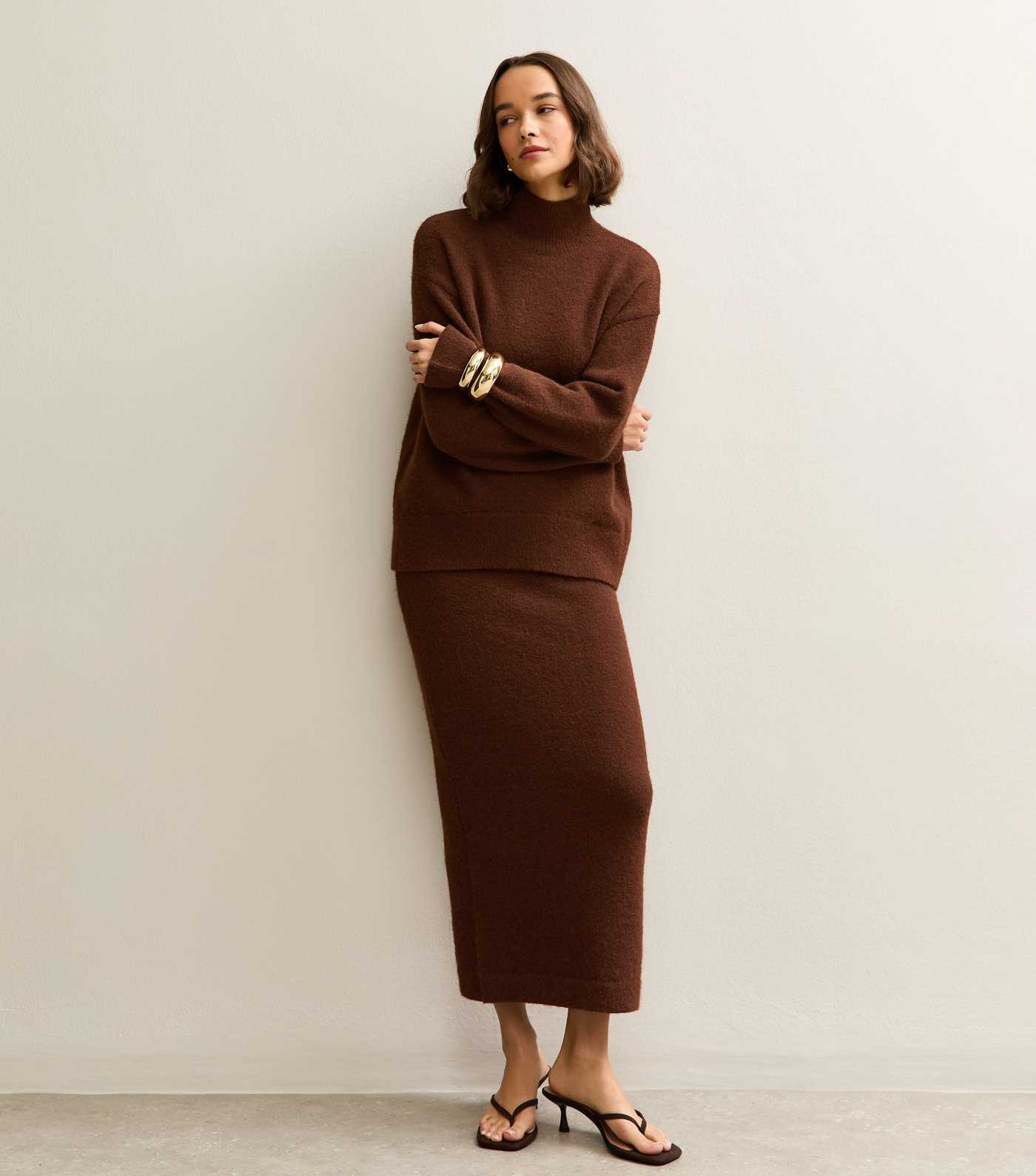 Dark Brown Brushed Knit Midi Skirt | New Look | New Look (UK)
