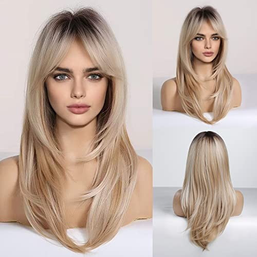 HAIRCUBE Blonde Wigs Long Curly Wigs Shoulder Length Heat Resistant Synthetic Wigs for Women with Ba | Amazon (US)