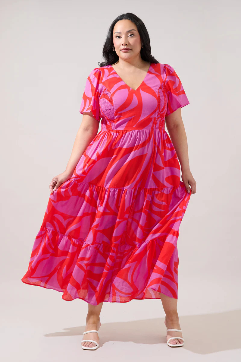 Alexis Poplin Tiered Midi Dress Abstract Curve | Sugarlips