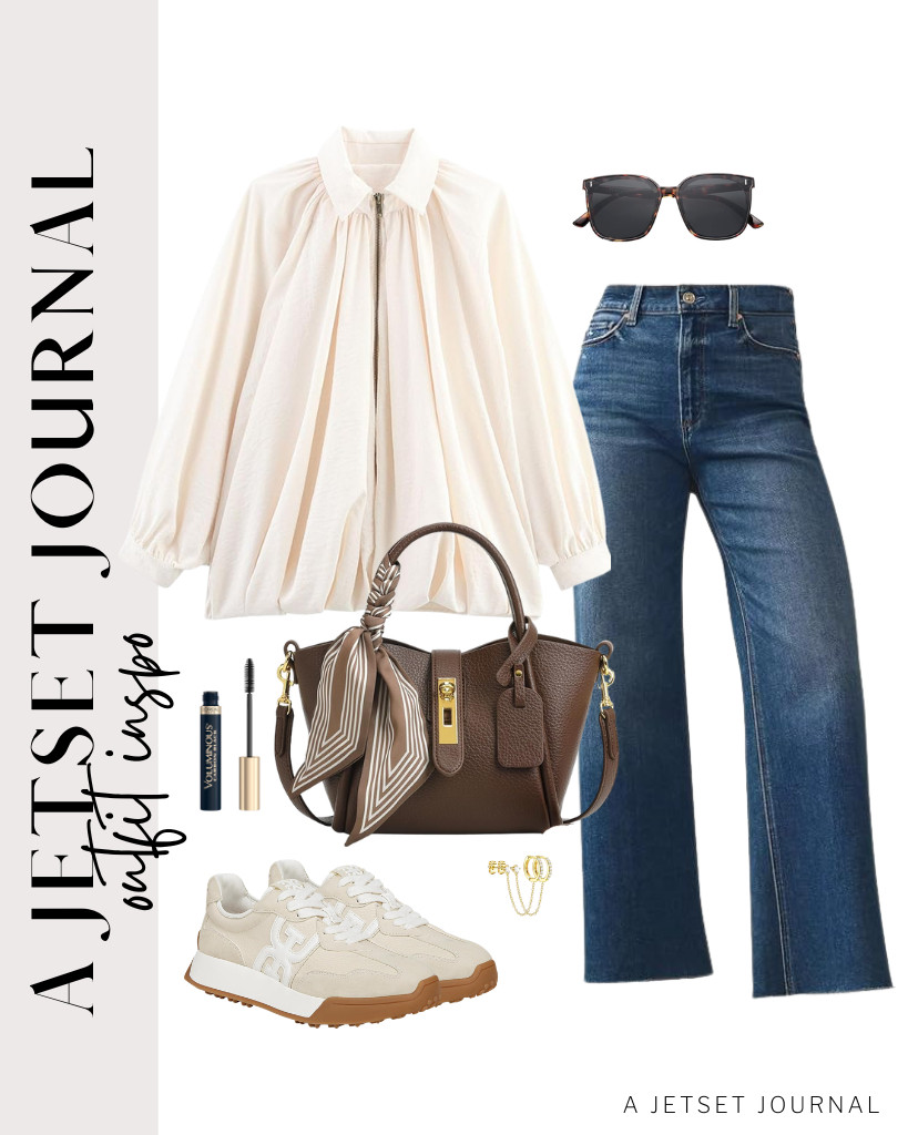 A white puffed bomber jacket goes well with denim pants. You can wear Sam Edelman Langley sneakers and this classy crossbody bag to match the vibe. I’d choose vintage-style SOJOS sunnies for this look. So fab! 

 #LTKSeasonal #LTKSaleAlert #LTKTravel