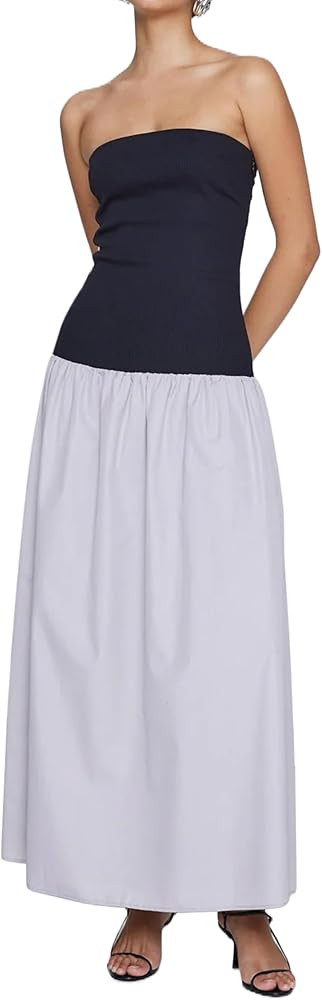 Women Summer Strapless Maxi Tube Dress Sleeveless Patchwork Off Shoulder Color Block Bandeau Swin... | Amazon (US)