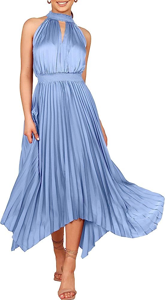 ANRABESS Women's Sleeveless Cutout Halter Neck Satin Formal Dress Smocked Pleated Asymmetric Part... | Amazon (US)